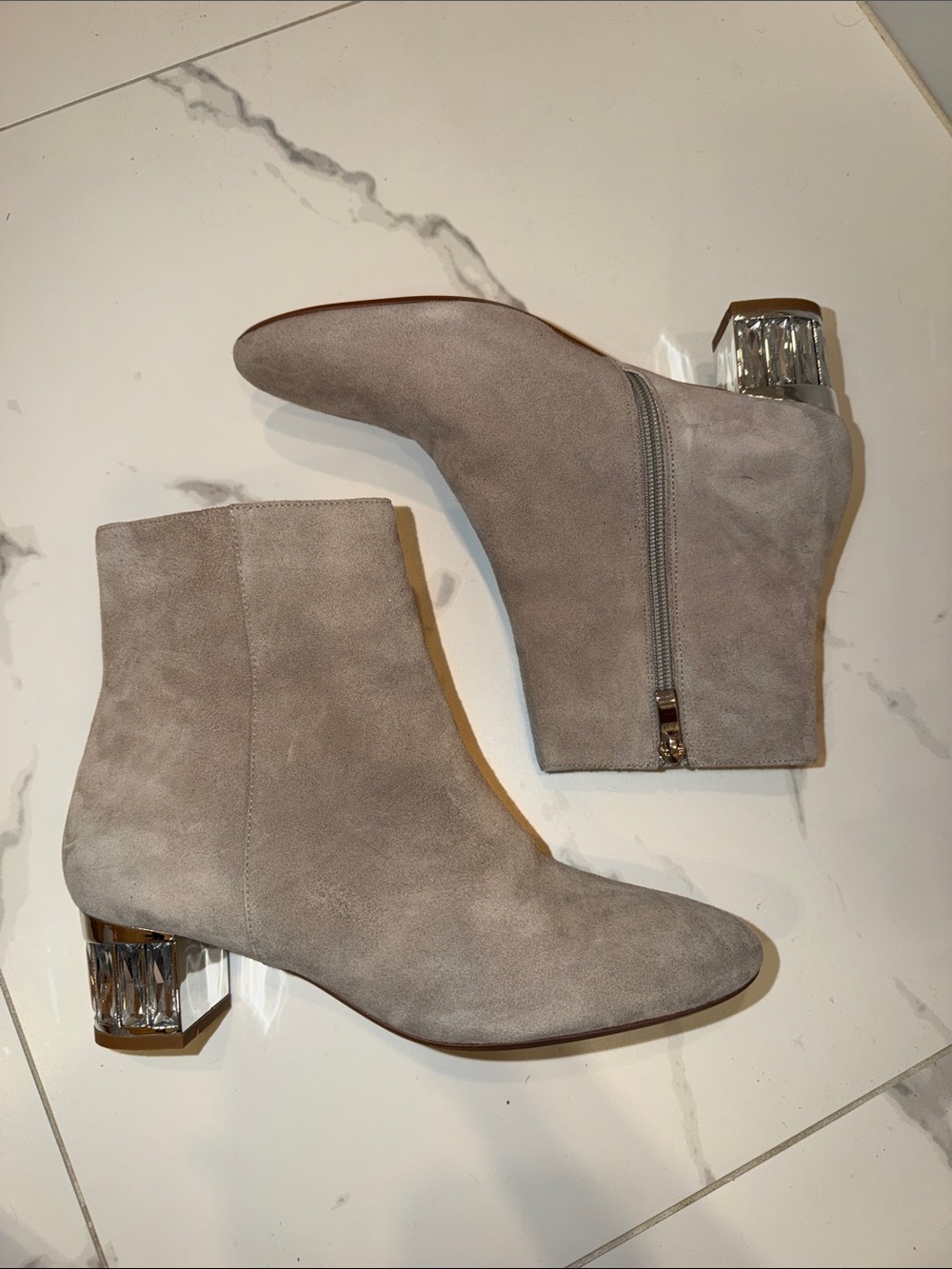 Crystal Block-Heel Suede Ankle Boots in Pale Grey